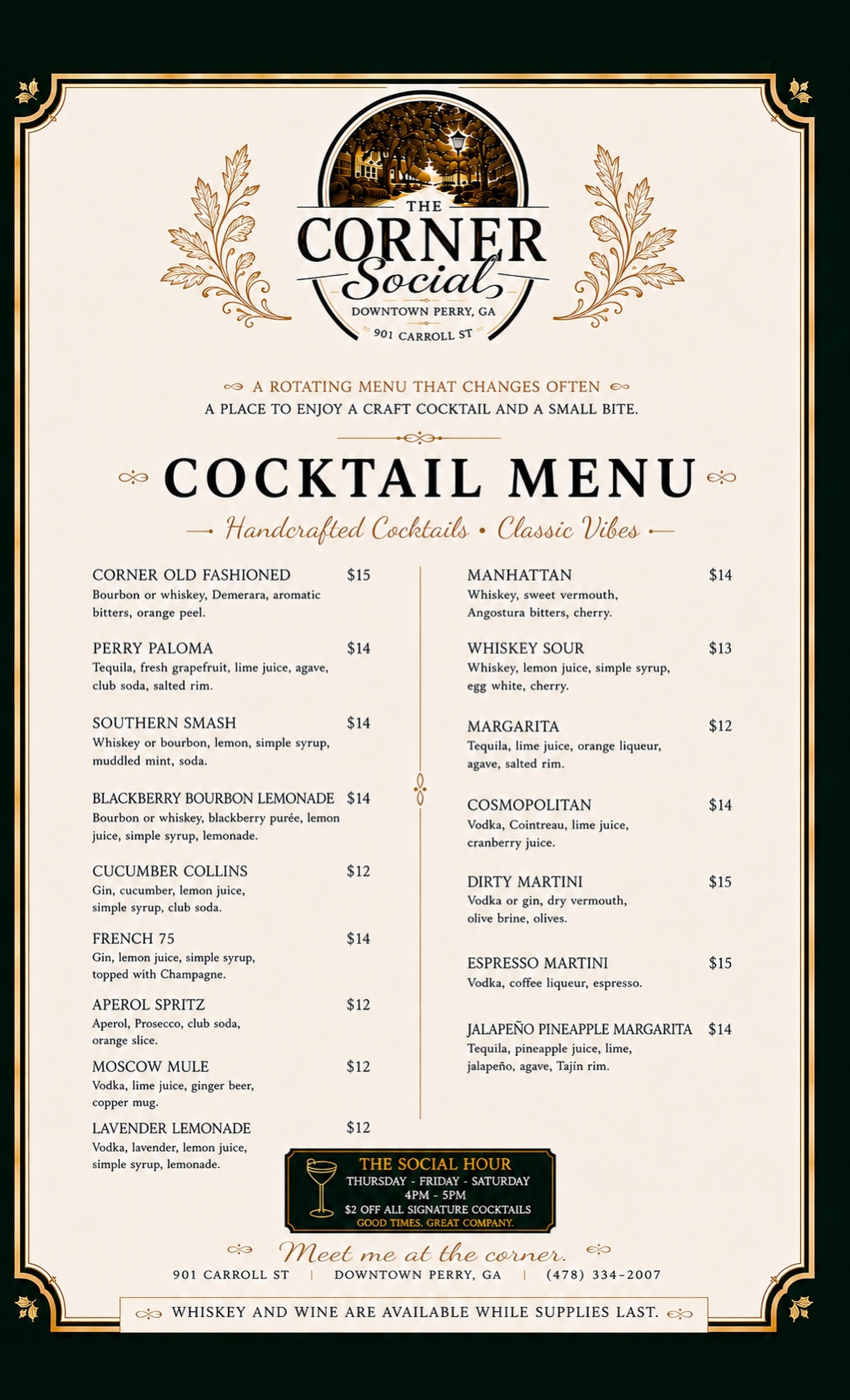 The Corner Social cocktail menu
