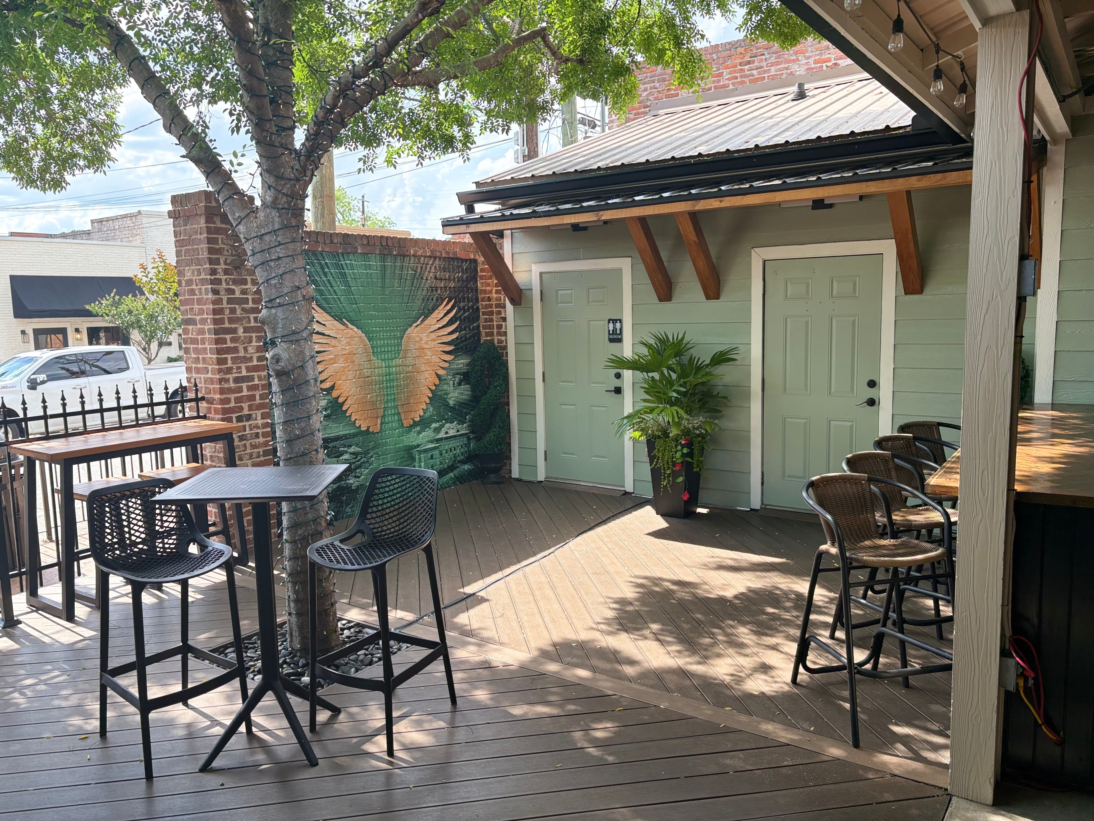 Patio seating area at The Corner Social